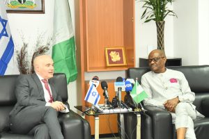 Israeli-Ambassador-to-Nigeria-Mr-Michael-Freeman-and-Minister-of-the-Federal-Capital-Territory-Nyesom-Wike-when-the-ambassador-visited-the-minister-in-his-office-in-Abuja-on-Tuesday